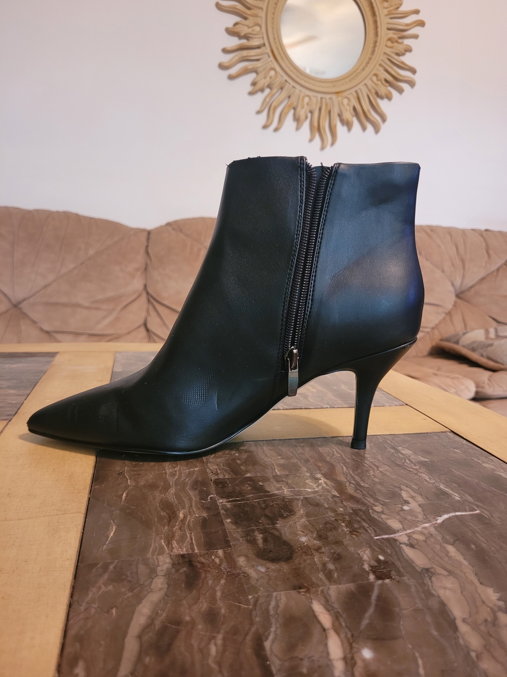 Nine West Black Pointed Leather Ankle Boot with Side Zip and Stiletto Heel
